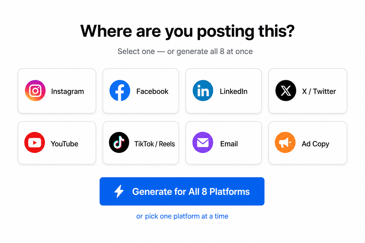 Social Studio platform picker — Instagram, Facebook, LinkedIn, X, YouTube, TikTok / Reels, Email, and Ad Copy with a single button to generate for all 8 platforms
